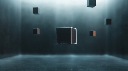Dark room with a single cube in the center. the cube is black and appears to be made of a mesh-like material.