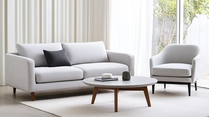 Minimalist living room showcases a grey sofa and rocking chair, with natural materials and a white carpet near a frosty window