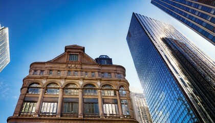 Naklejka premium a historical building with ornate windows sits harmoniously between sleek modern skyscrapers with reflective glass panels symbolizing the blend of old and new architecture