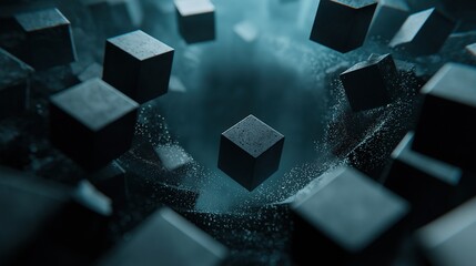 Group of black cubes floating in the air. the cubes are of different sizes and shapes, and they are arranged in a chaotic manner.