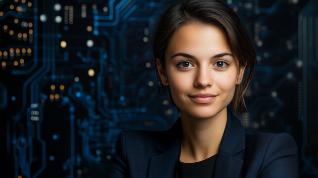 Digital Innovator: A confident businesswoman stands before a futuristic digital circuit board backdrop, embodying the essence of innovation and technology.