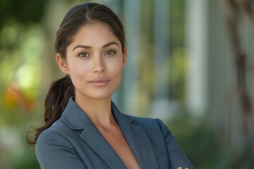 Fototapeta premium A confident young woman of mixed ethnicity in a professional gray suit poses outdoors with a thoughtful expression.