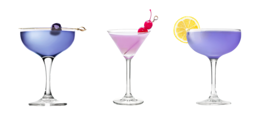 Aviation cocktail transparent PNG set bundle, isolated background. Mixology, bar menu cocktails in coupe saucer and martini glass, colorful refreshing drink with garnish