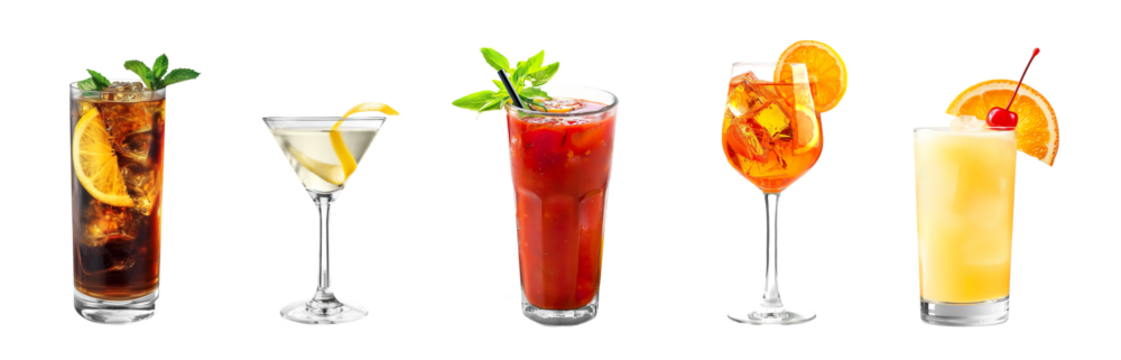 Various bar menu cocktails transparent PNG set bundle, isolated background. Long Island Iced Tea, Vodka Martini, Bloody Mary, Aperol Spritz, Harvey Wallbanger cocktail. Colorful drink with garnish
