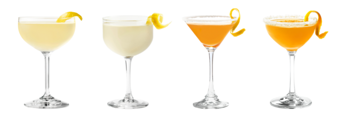 Corpse Reviver, Sidecar cocktail transparent PNG set bundle, isolated background. Mixology, bar menu cocktails in coupe saucer and martini glass, colorful refreshing drink with garnish