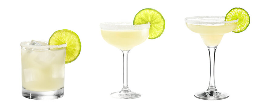 Classic Margarita cocktail transparent PNG set bundle, isolated background. Bar menu cocktails in old fashioned, coupe, margarita glass. Colorful refreshing drink with garnish
