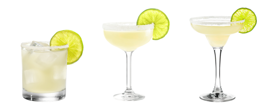 Classic Margarita cocktail transparent PNG set bundle, isolated background. Bar menu cocktails in old fashioned, coupe, margarita glass. Colorful refreshing drink with garnish