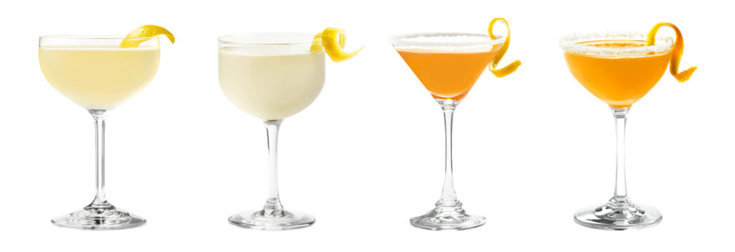 Corpse Reviver, Sidecar cocktail transparent PNG set bundle, isolated background. Mixology, bar menu cocktails in coupe saucer and martini glass, colorful refreshing drink with garnish