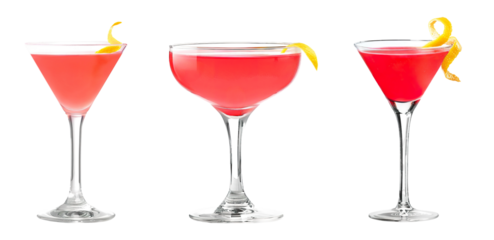 Pink Cosmopolitan cocktail with lemon twist garnish transparent PNG set bundle, isolated background. Mixology, bar menu cocktails in coupe saucer and martini glass, colorful refreshing drink