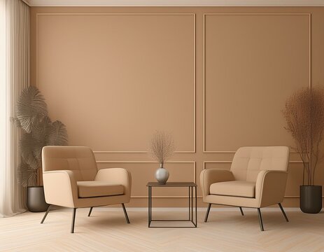 room in tan and taupe colors small beige brown armchairs and metal table minimalistic living room space for art blank wall paint in pastel tone gray lounge or premium reseption office 3d render