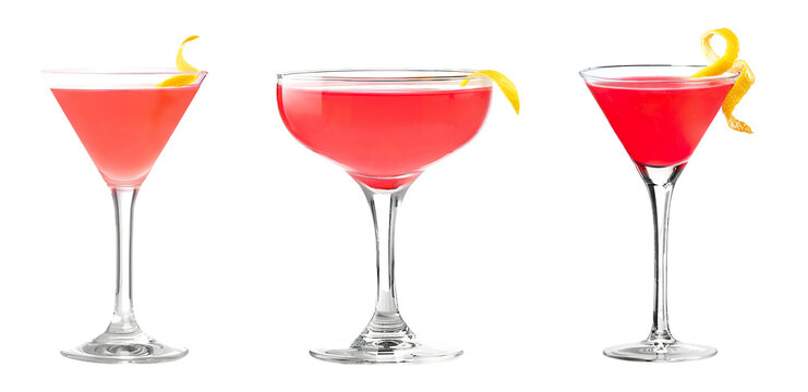 Pink Cosmopolitan cocktail with lemon twist garnish transparent PNG set bundle, isolated background. Mixology, bar menu cocktails in coupe saucer and martini glass, colorful refreshing drink