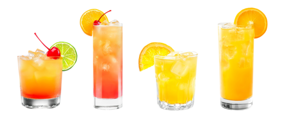Rum Punch, Screwdriver cocktail transparent PNG set bundle, isolated background. Bar menu cocktails in old fashioned and highball glass, colorful refreshing drink with citrus garnish