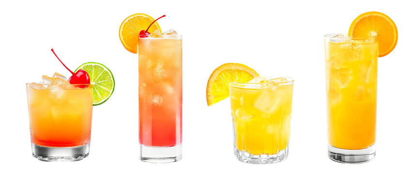 Rum Punch, Screwdriver cocktail transparent PNG set bundle, isolated background. Bar menu cocktails in old fashioned and highball glass, colorful refreshing drink with citrus garnish