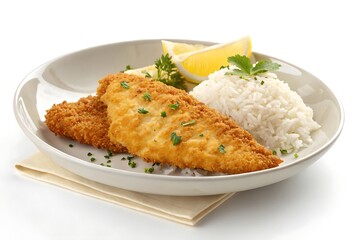 Breaded Fish Fillet with White Rice on White Background