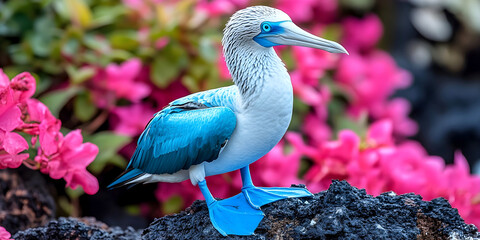 Naklejka premium Striking blue-footed booby perched on volcanic rock, surrounded by vibrant pink flowers, showcasing its vivid blue feet and unique plumage in stunning natural setting. Close-up