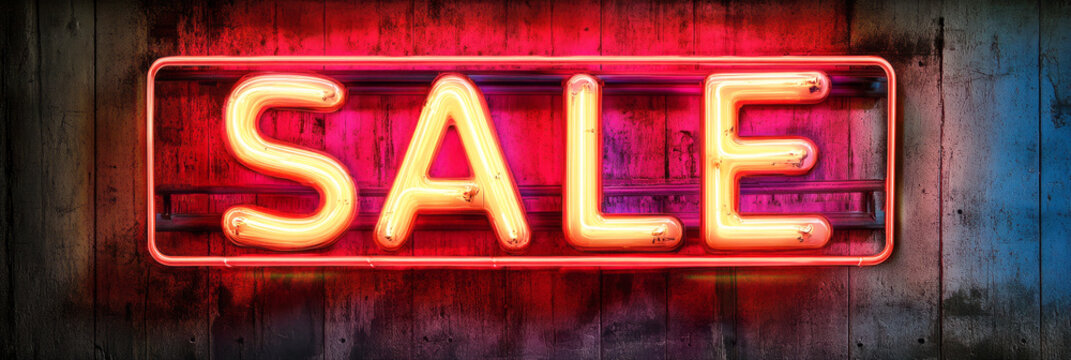 The glowing SALE neon sign creates an engaging atmosphere, emphasizing rankings with its vibrant light on a textured wall, banner