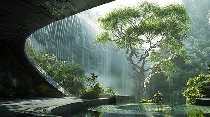 Geometric sculpture harmonizing with nature beauty in a park