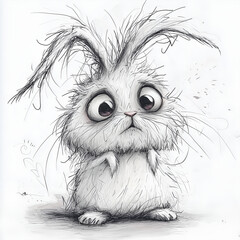 Shaggy doodled cartoon bunny with oversized eyes on a simple background