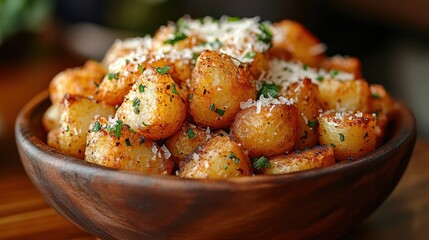 A rustic wooden bowl filled with golden, herb-roasted potatoes, sprinkled with parmesan and parsley, creating a mouth-watering and inviting dish.