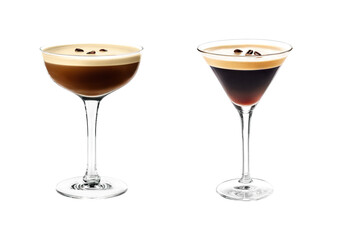 Espresso Martini cocktail with coffee bean garnish transparent PNG set bundle, isolated background. Mixology, bar menu cocktails in coupe saucer and martini glass, colorful refreshing drink