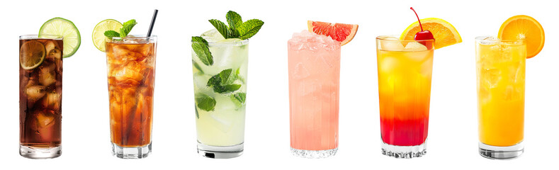 Cuba Libre, Long Island, Mojito, Paloma, Tequila Sunrise, Screwdriver cocktail transparent PNG set bundle, isolated background. Bar menu cocktails in highball glass, colorful refreshing drink garnish