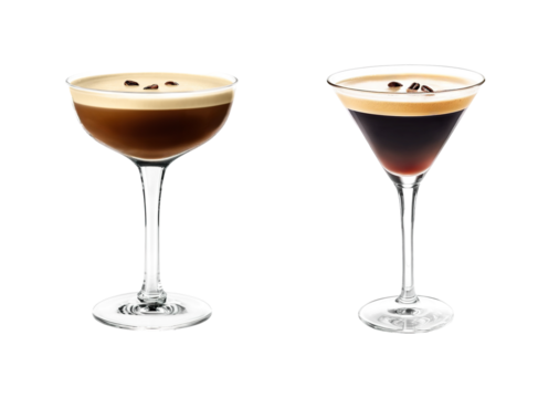 Espresso Martini cocktail with coffee bean garnish transparent PNG set bundle, isolated background. Mixology, bar menu cocktails in coupe saucer and martini glass, colorful refreshing drink