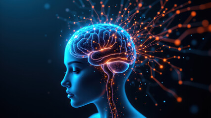 A human brain with digital elements radiating outward, symbolizing artificial general intelligence's connection to cognitive processes.