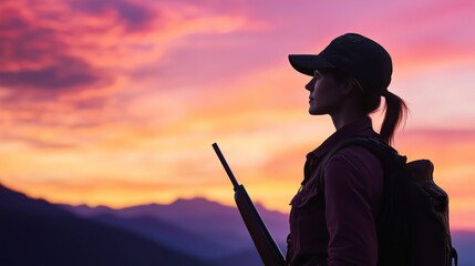 Woman hunter silhouetted at sunset mountain region nature scene