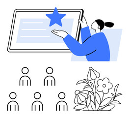 Tablet with star person in blue users in rows, and outlined flowers. Ideal for digital learning, teamwork, education, growth, user interaction, nature, rewards. Line metaphor