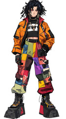 anime character model wearing sharp colored fashion clothes on white background