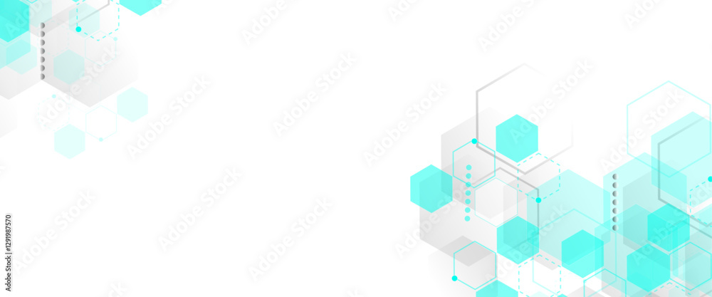 Poster Geometric abstract background with green hexagons. Structure molecule and communication