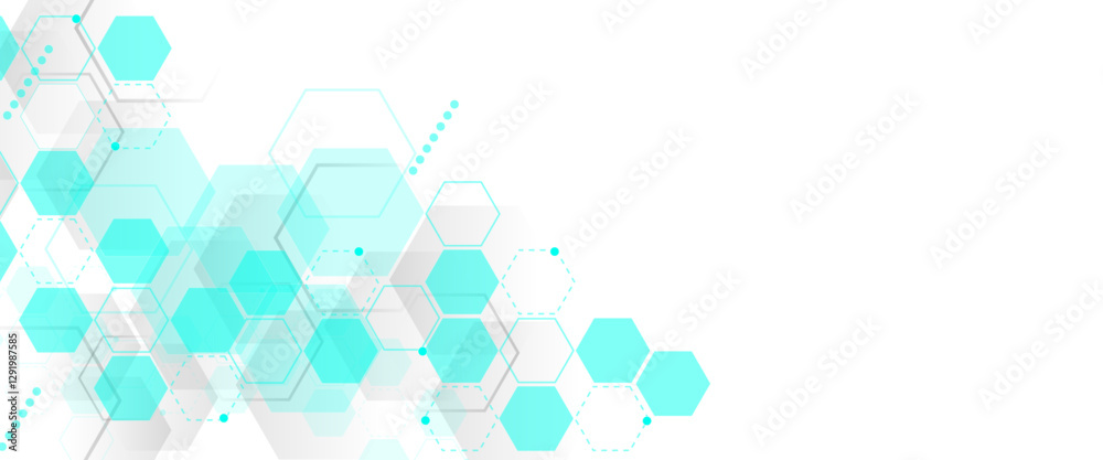 Poster Geometric abstract background with green hexagons. Structure molecule and communication