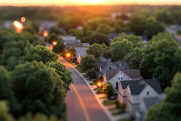 Suburban Street in Miniature at Sunset