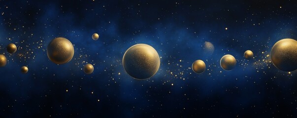 Golden spheres in cosmic space with twinkling stars and blue nebula. Abstract astronomy and futuristic design concept