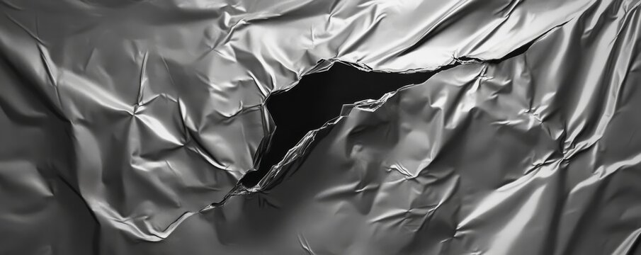 Torn metallic silver foil sheet with jagged edges revealing black background. Texture and material concept