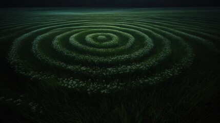 Digital art piece that appears to be a landscape photograph of a field at night. the field is vast and stretches out into the distance, with rows of tall grass stretching out in all directions.