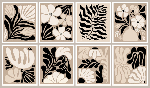 Set of abstract floral posters. Botanical prints in trendy scandinavian, japandi style, modern black beige wall art. Naive groovy hippie interior decoration, painting. Monochrome vector illustrations.