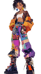 anime character model wearing sharp colored fashion clothes on white background