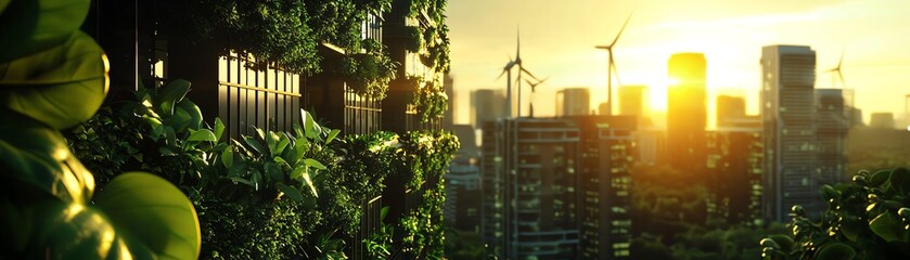 A stunning urban landscape showcasing greenery, wind turbines, and buildings bathed in golden sunlight during sunset.