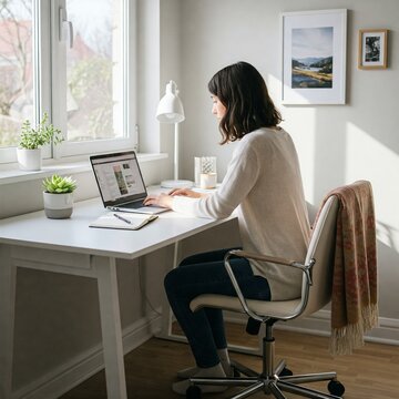Young Woman Planning a Trip, Working From Home on Laptop in her Apartment Living Room Cozy Living, Plants, Female Professional, WFH, Working Remote, Cozy Office, Running a Business, Freelancer