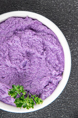 mashed potatoes purple fresh tasty food dish gourmet food background on the table rustic food top view copy space keto and paleo diet Vegetarian and vegan food