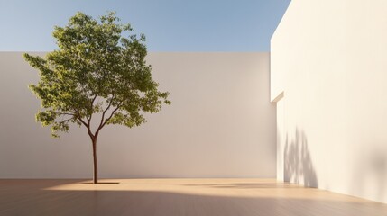minimalist courtyard with tree and sunlight.