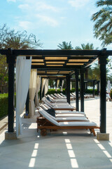Luxurious poolside loungers under elegant pergolas at a resort oasis. Miramar Al Aqah Beach Resort, Fujairah UAE