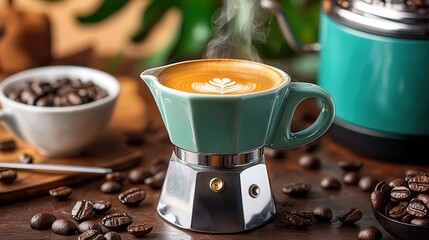 Coffee and bakery: Freshly brewed and roasted Coffee brewing in a stylish moka pot with beans nearby.