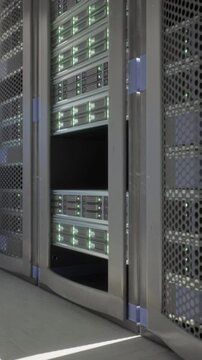 Rows of operational supercomputers in a server room