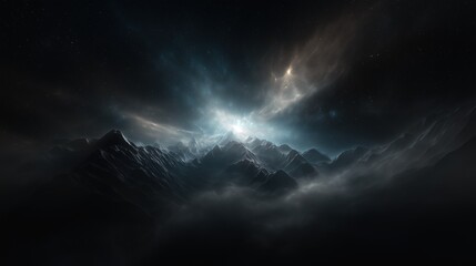 Digital art piece that appears to be a landscape of a mountain range. the background is a deep black color, and the mountains are covered in a layer of fog or mist.