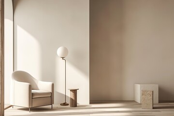 Beige living room corner with armchair, lamp, and marble cube; sunlit interior