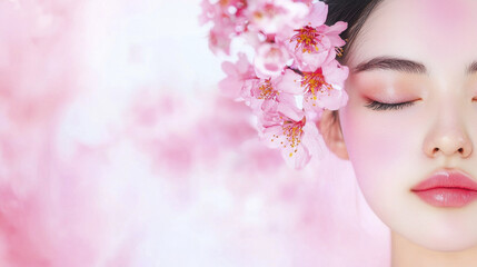 Fototapeta premium serene woman with closed eyes, adorned with pink flowers, exudes tranquility