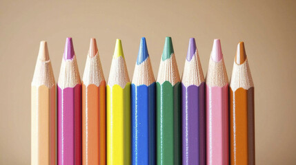 Colorful set of colored pencils arranged in row, showcasing vibrant hues. Perfect for art and creativity