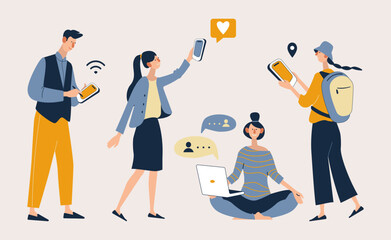 Vector illustration of communication via the Internet, social networking, chat, video, news, messages, web site, search friends, mobile web.